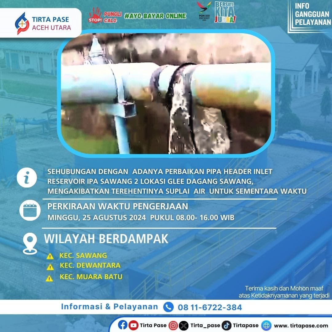 Perbaikan Pipa Header Inlet Reservoir IPA Sawang 2 Lokasi Glee Dagang Sawang