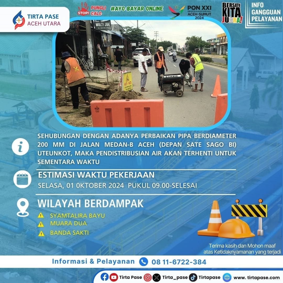 Perbaikan Pipa Berdiameter 200 MM di jalan Medan-Banda Aceh (Depan Sate Sago BI) Uteunkot