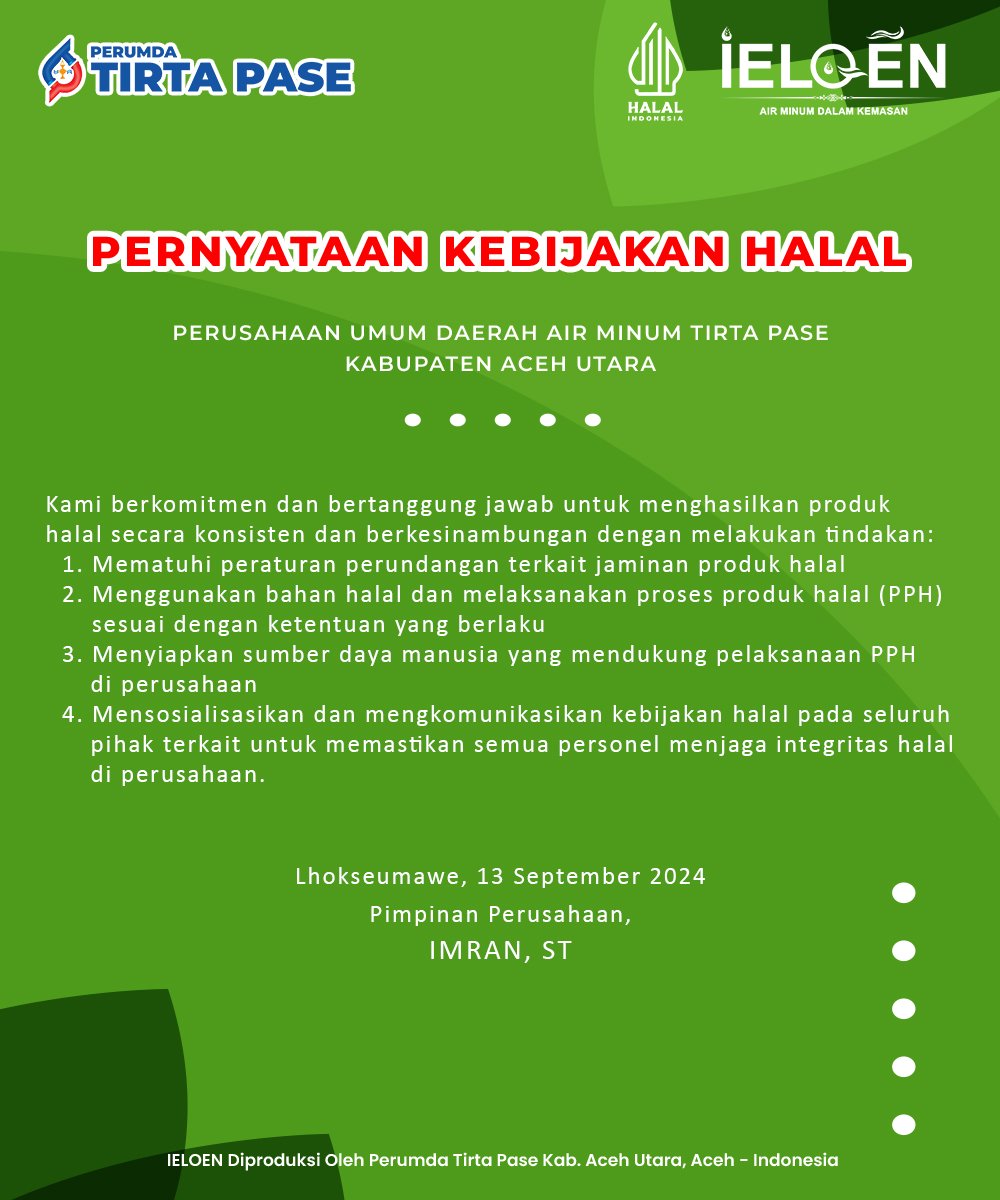 PERNYATAAN KEBIJAKAN HALAL PERUMDA TIRTA PASE KAB. ACEH UTARA
