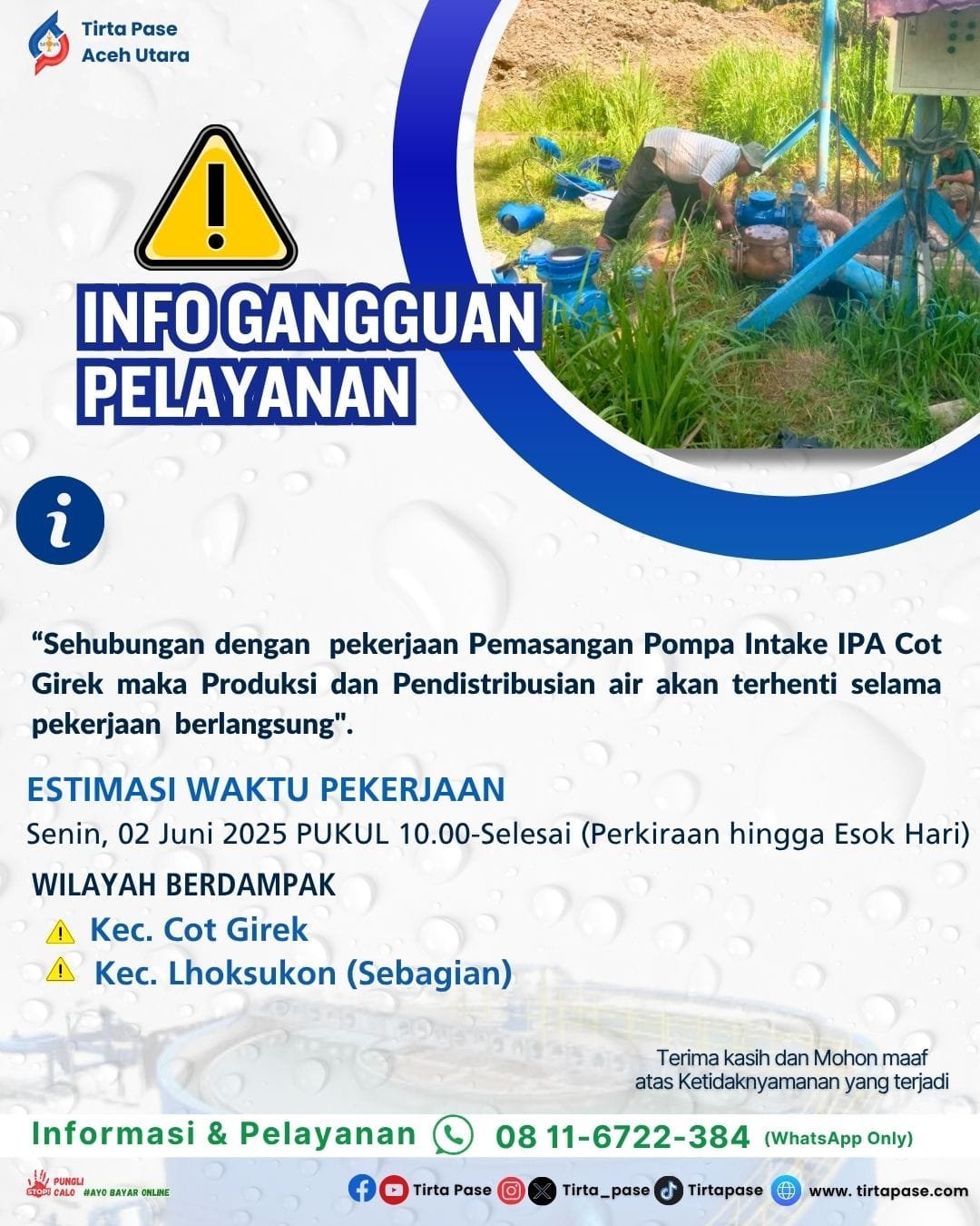 Pekerjaan Pemasangan Pompa Intake IPA Cot Girek