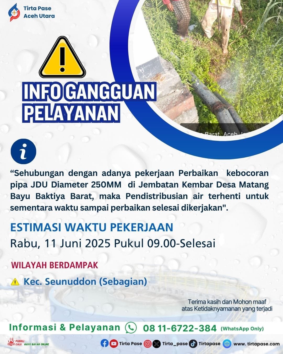 Pekerjaan Perbaikan Kebocoran Pipa JDU Diameter 250MM di Jembatan Kembar Desa Matang Bayu Baktiya Barat