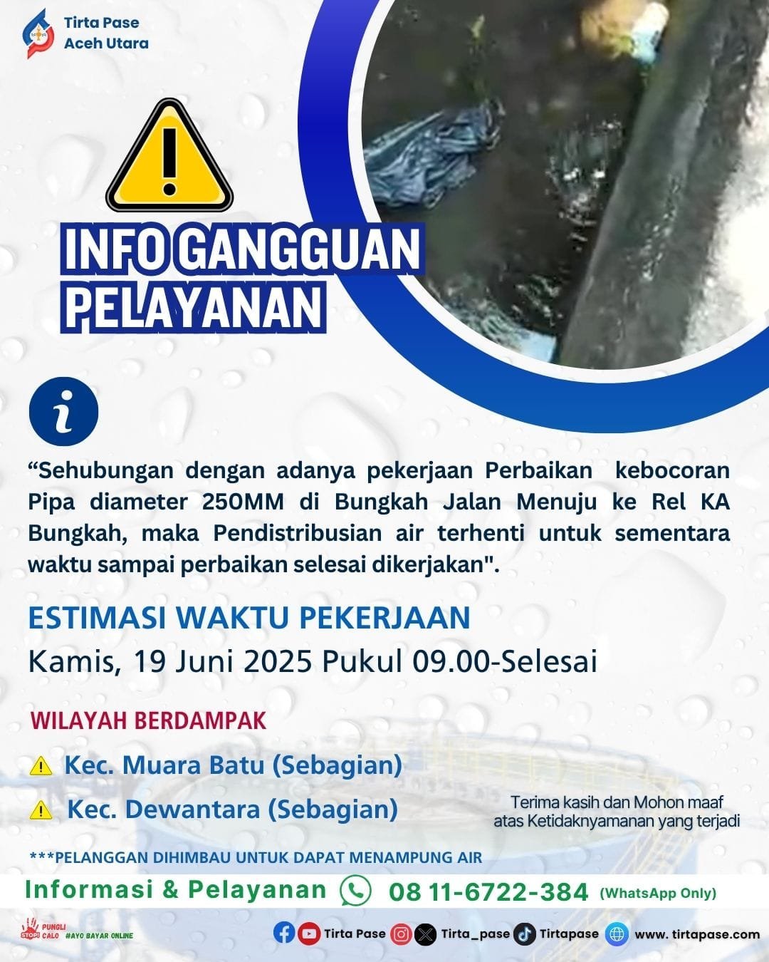 Pekerjaan Perbaikan Kebocoran Pipa JDU Diameter 250MM di Bungkah Jalan Menuju ke Rel KA Bungkah