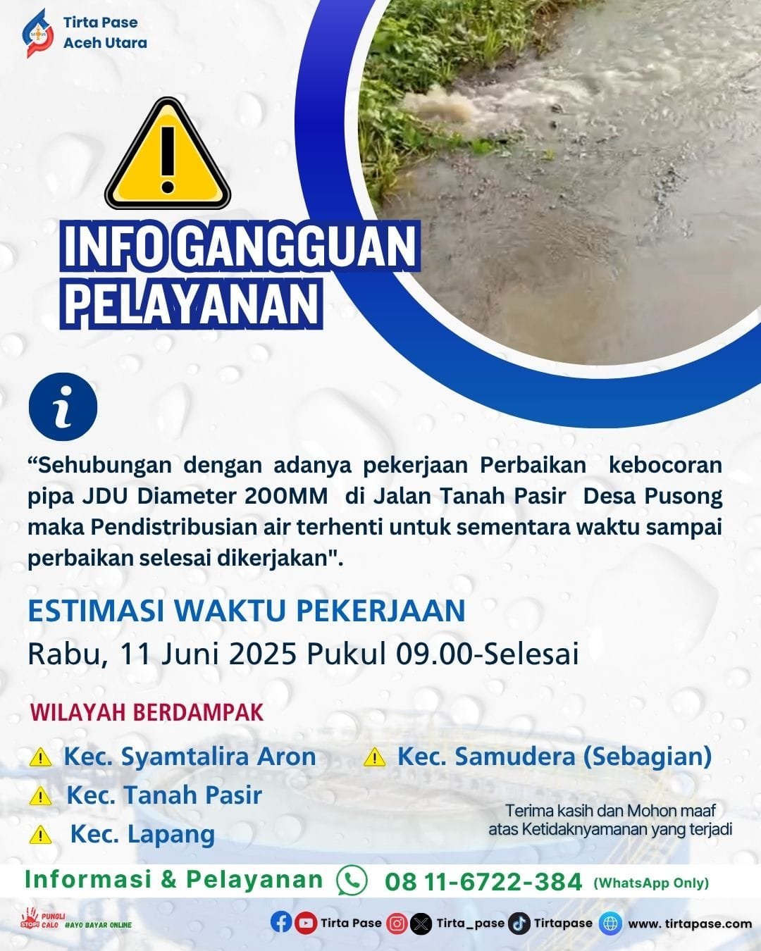 Pekerjaan Perbaikan Kebocoran Pipa JDU Diameter 200MM di Jalan Tanah Pasir Desa Pusong