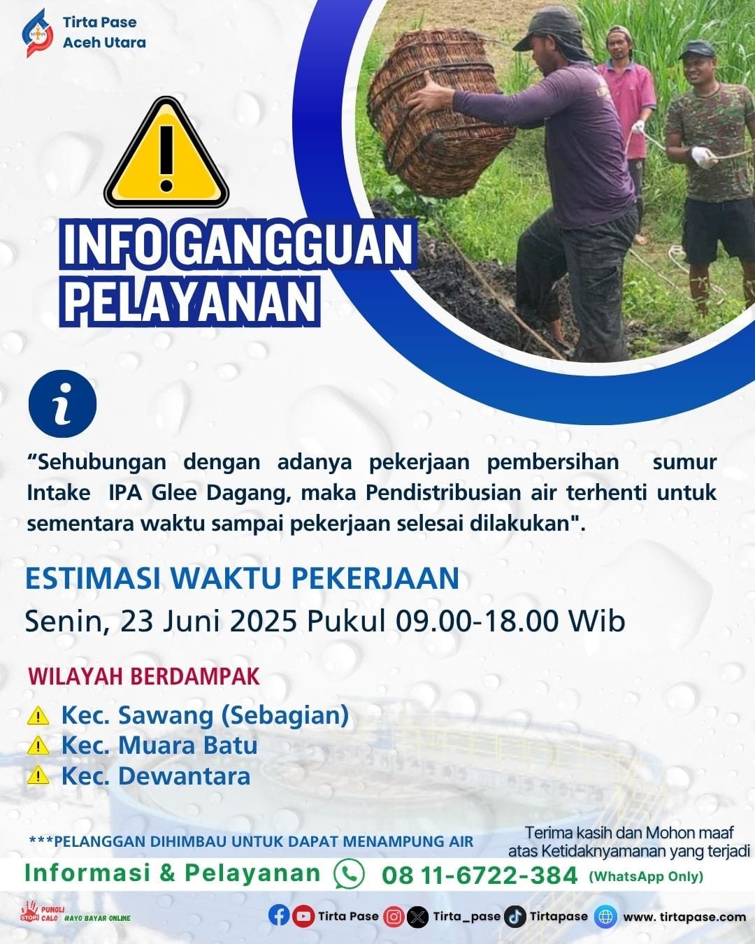 Pekerjaan Pembersihan Sumur Intake IPA Glee Dagang